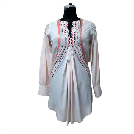 Designer Ladies Kurtis - Silk, Knee Length, Off-White | Hand-Stitched Embroidery, Elegant Design, Comfortable Fit