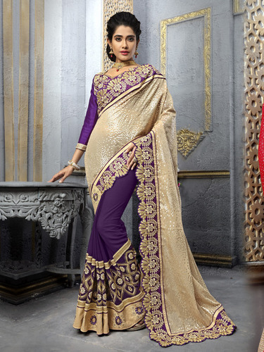 Beige Purple Designer Saree - Georgette Foil Fabric, 5.5 Meters, Embroidery Work, Party Wear