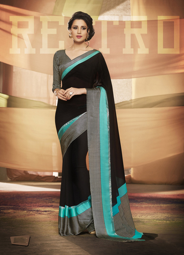 Black Classic Fancy Saree - Georgette Satin Fabric, Black, 5.5 Meters | Elegant Style, Soft Fabric, Stylish Satin Border, Georgette Blouse