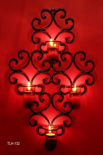 T-Light Holder - Wrought Iron, 16x12 Inches, Black | Elegant Design, Durable Metal, Wall Mountable, 3 Candle Holders