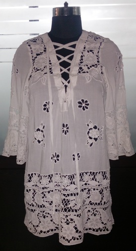Scallop Dress - Cotton, Size M, 28 Inches, White | Lace-Up Closure, Elegant Design, Comfortable Fit