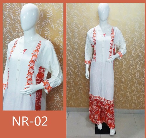 Rayon Stitch Kurti With Plazoo - Rayon Cotton Blend, Size 44, White, Embroidered, Printed Plazzo, 3/4 Sleeves