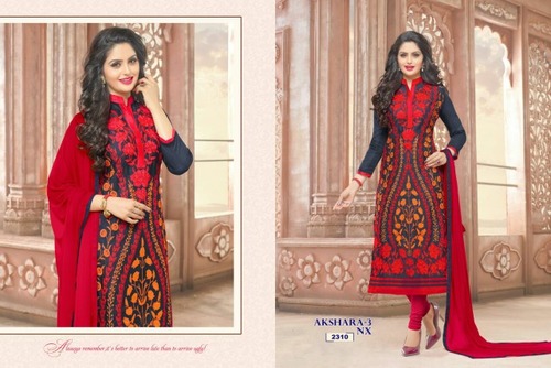 Akshra -3 nx Chanderi Embroidery Suit - Chanderi Top, Santoon Bottom, Red, Najmine Chiffon Dupatta | Hand Embroidery, Elegant Design, Comfortable Fit