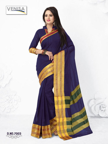 Cotton Silk Saree - 6.20 Mtr Length, Blue Color, Plain Pattern | Perfect for Summer Wear