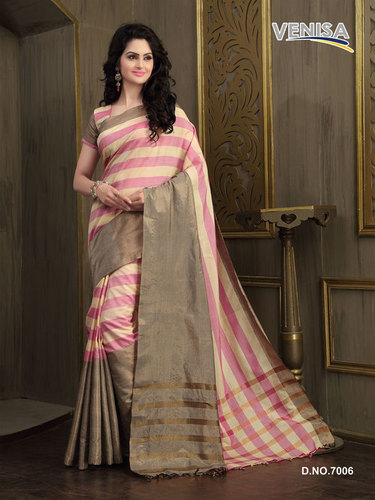 Pink And Yellow Cotton Printed Sari