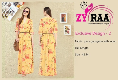 Western Georgette Outfit - Pure Georgette, Yellow, Full Length, 3/4 Sleeves, Mandarin Collar | Printed Style, Regular Fit