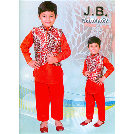 Kids Pathani Suit - Cotton Fabric, XS Size | Vibrant Red Color, Plain Pattern, Perfect for Summer Wear