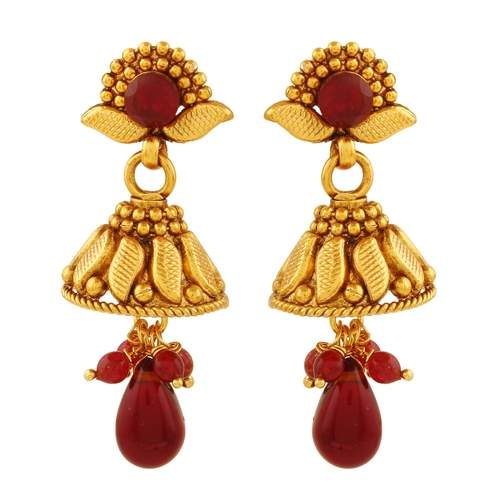 Antique Gold Plated Jhumki Earrings - Brass with Hanging American Diamonds, Elegant Red Accents for Women
