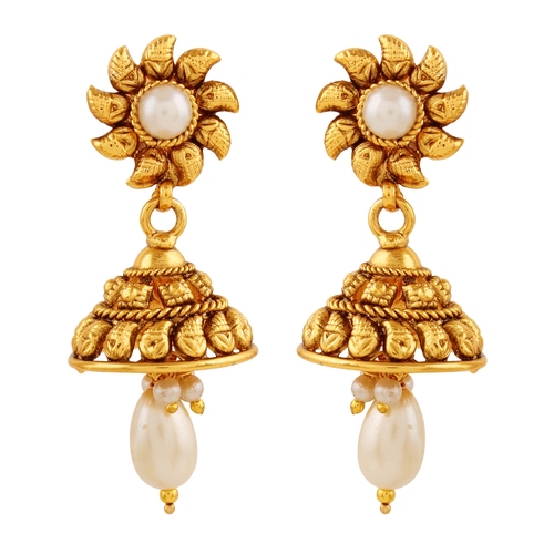 Copper Antique Royal White Pearl Dangling Jhumki Earrings