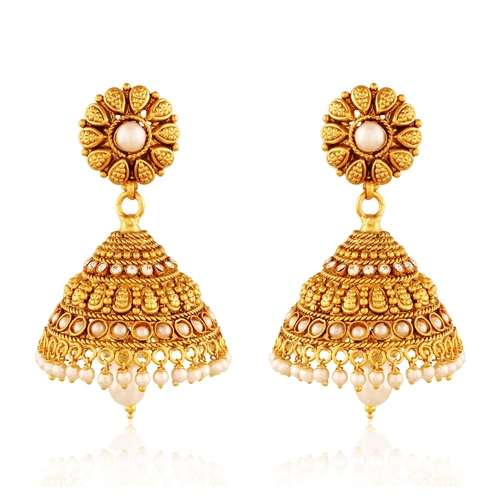 Copper Antique Jhumki Earrings - Gold Finish, Royal American Diamond and Pearl Detailing for Women's Anniversary and Wedding Occasions