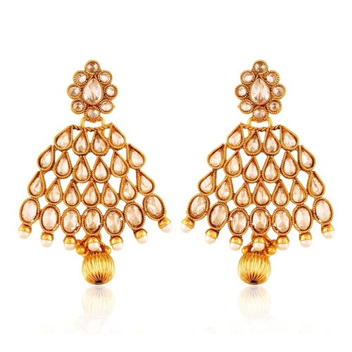 White Copper Antique Royal American Diamond Droplet Leaf Dangling Earrings