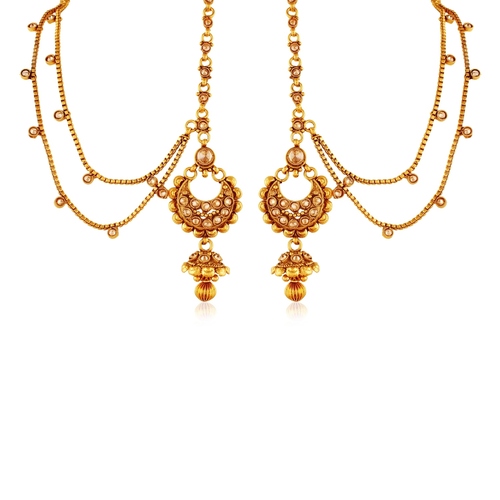 Rajwadi Copper Antique Gold ChandBali Earrings With Hair Chain