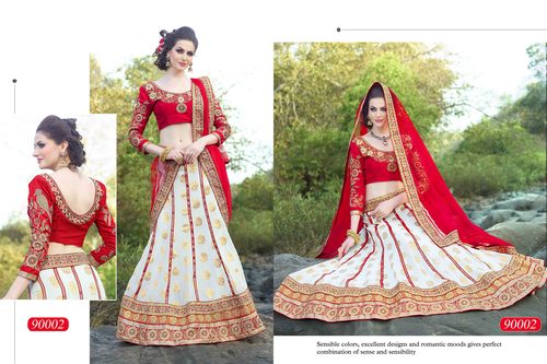 Lehenga - Net Pallu, Whiscos Fabric, Banglori Silk Blouse | Red Ethnic Wear, Customized Size, Handwork Embroidery, Full Sleeves Design