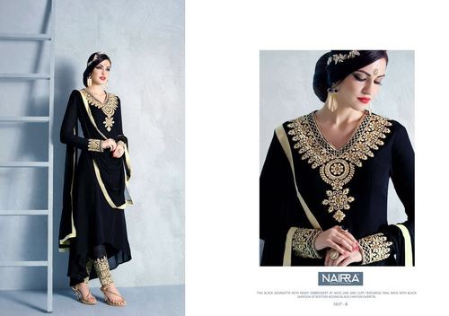 Nakaashi Esthetic Party Wear Suit - Georgette, Chiffon, Santoon, Black, Gold Embroidery | Elegant, Comfortable, Loose Fit Ankle Length