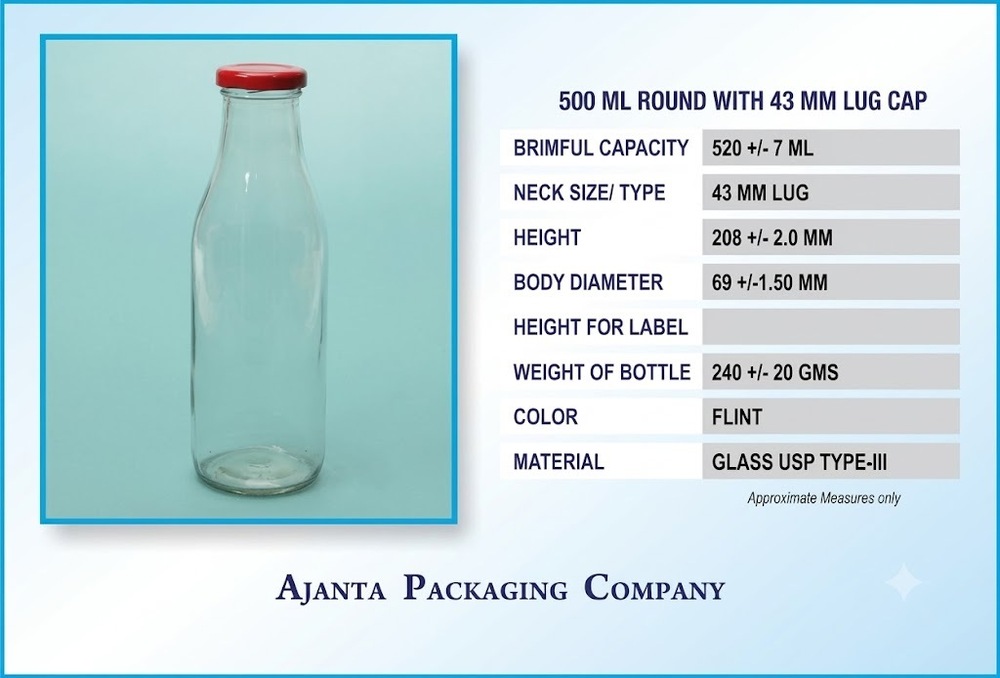 500 Ml Round With 43 Mm Lug Bottle Cap - Material: Glass