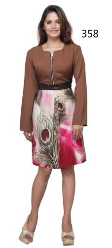 Ladies Western Dress - Cotton Silk, Knee-Length, Size S-XL, Brown | Peacock Print, Stylish Design, Comfortable Fit, Round Neck, Long Sleeves, Elegant Party Wear
