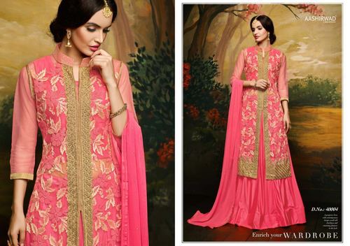 Indian Salwar Kameez - Net Fabric, 54 Inches, Pink | Elegant Design, Gold Embroidery, Comfortable Fit, Stylish Anarkali