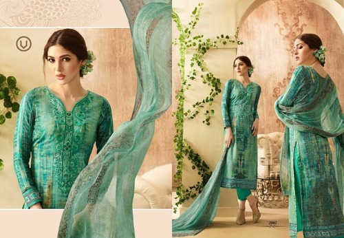 Vivek Cotton Satin Digital Print Suit - Pure Cotton Bottom, Teal, Chiffon Dupatta, Embroidered, Elegant Design