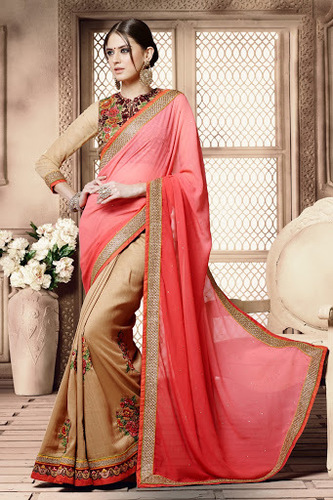 Embroidered Perfervid Hot Pink Paper Silk Wrinkle Georgette Saree