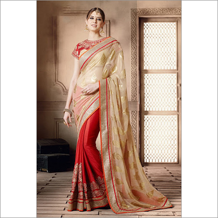 Astounding Peach Brasso On Chiffon Saree