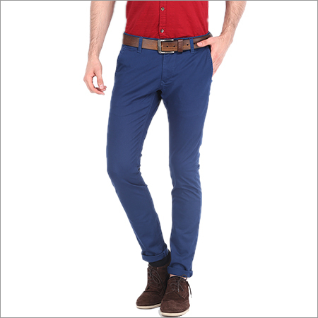 Mens Casual Trousers - Satin Slim Fit, Blue Color, Plain Pattern | Three Pockets, Ideal for All Seasons, Comfortable Fabric Design
