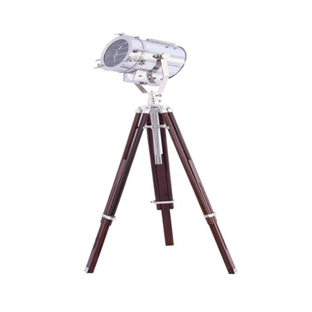 Nautical Chrome Spot Search Light With Tripod Stand - Metal, Wood, 50-70cm, Chrome Finish | LED/Halogen Bulb, Adjustable Bright Light
