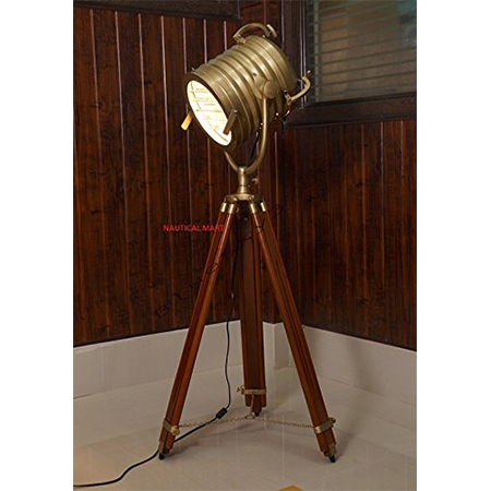 Nautical Marine Search Light Adjustable Tripod Stand - Wood Metal, 20 Inch Base, 60 Inch Height, LED Lamp | Durable, Stable, Bright Light, Stylish