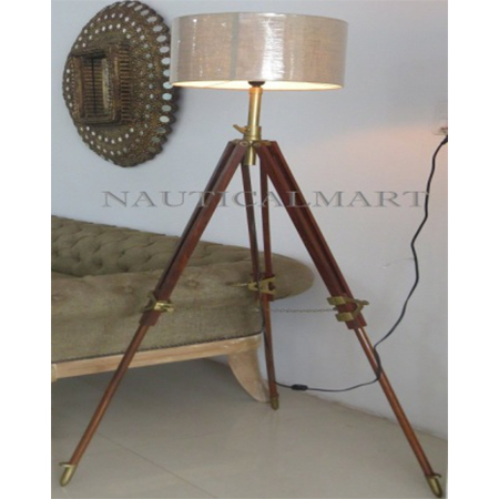 Nautical Vintage Wooden Tripod Floor Lamp For Living Room - Wood, Brass, 60 Inches, Fabric Shade, Adjustable Height