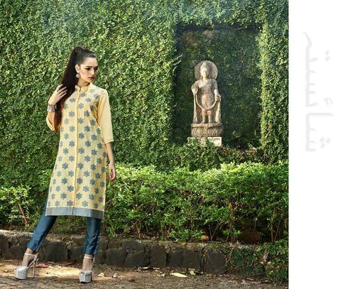 Manika - Cotton, 44 Inches, Beige | Stylish Design, Comfortable Fabric, Mandarin Collar, 3/4 Sleeves