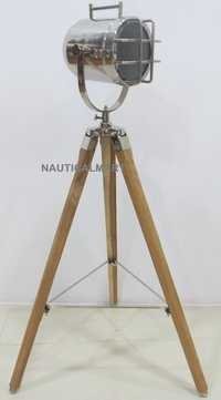 NAUTICAL DESIGHNER SEARCHLIGHT ANTIQUE COPPER FLOOR LAMP WITH WOOD TRIPOD STAND.