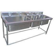 Kitchen Equipment - Stainless Steel 150x60x85cm, Three Sinks, Two Taps, Metal Frame, Rust Resistant, Easy Cleaning