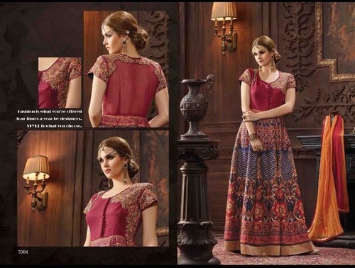 Remarkable Blue and Maroon Bhagalpuri Silk Anarkali Salwar Kameez