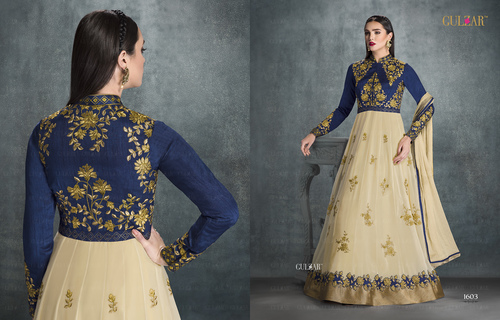 Ideal Patch Border Work Anarkali Salwar Kameez - Cream Georgette, Embroidered Patch Border, Matching Dupatta