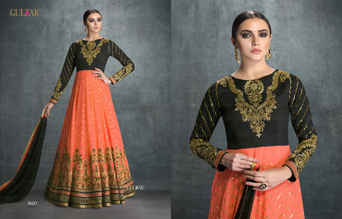 Enthralling Black and Orange Embroidered Work Georgette Anarkali Salwar Kameez