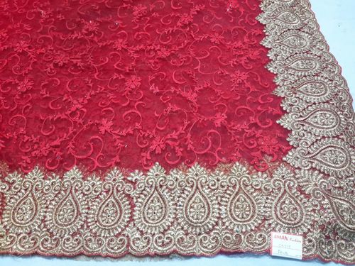 Star Embroidery Saree - Silk Blend, 5.5 Yards, Red | Fine Gold Thread Embroidery, Elegant Design