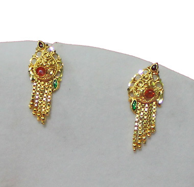 Tops - Gold-Plated Metal 15x10 mm, Polished Finish | Elegant Design, Red and Green Gemstone Accents, Lightweight Durable Earrings