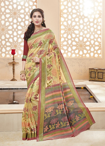 Impressive Beige Khadi Silk Saree - Handloom Khadi Silk, Customizable Size, Beige | Floral and Geometric Prints, Elegant Drape, Comfortable Wear
