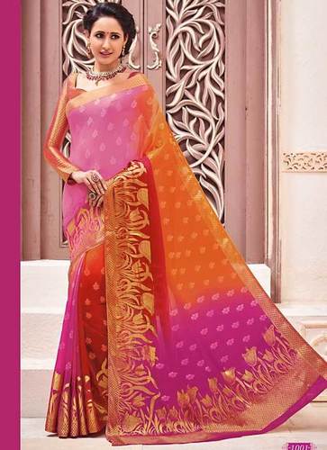 Miraculous Pure Chiffon Multi Color Saree - 5.5 Meters, Pink | Floral Print, Golden Accents, Soft Fabric, Custom Sizes