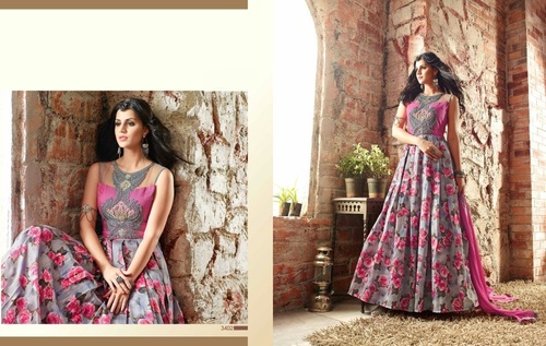 Wonderous Grey Banarasi Silk Anarkali Suit