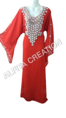 Bright Red Pearl Work Bell Sleeves Farasha Kaftan