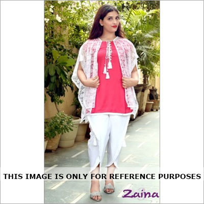 Zaina-3 Stitch Pearl Work Dress - Soft Cotton, Net Cape, XL-XXL, Pink & White, Tassel Accents, Tulip Sleeves