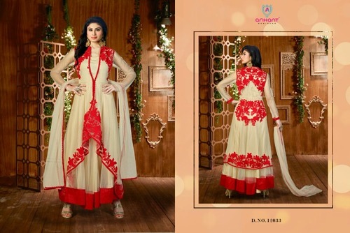 Shashi-4 Party Wear Suit - Net Silk, Off-White, Custom Size | Embroidered Red Thread, Anarkali Floor-Length