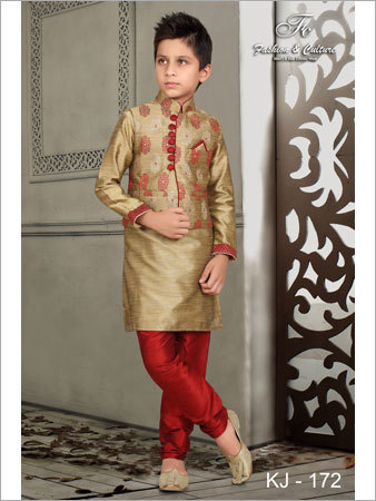 Kids Indo Western Sherwani - Silk, Size M, Maroon and Metallic | Elegant Look, Breathable, Soft Texture, Easy to Wash