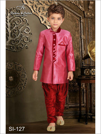 Kids Semi Indo-Western Sherwani - Silk Material, Medium Size, Pink Color | Breathable, Washable, Long Sleeve Design