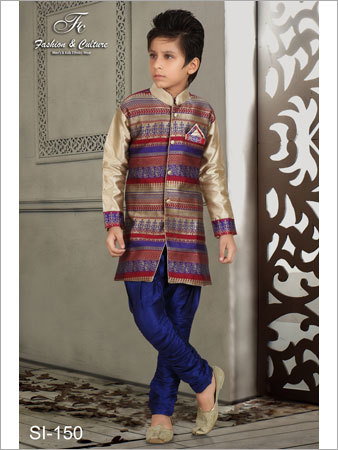 Semi Indo-Western Sherwani - Silk Material, Medium Size | Blue & Multi-Color Printed Design, Long Sleeve for Boys, Perfect for Summer