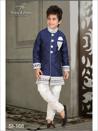 Silk Semi Indo-Western Sherwani - Medium Size, Blue Color | Breathable, Washable, Long Sleeve for Boys