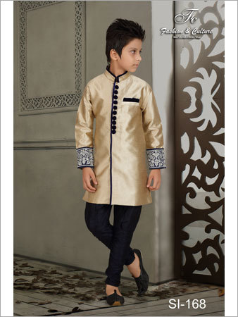 Kids Indo-Western Sherwani - Silk, Size M, Golden Color | Long Sleeve, Plain Pattern for Boys Age 8-18