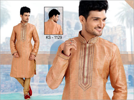 Mens Kurta Pyjama - Silk, XL Size, Light Orange | Long Sleeve, Embroidered Pattern for Summer Wear