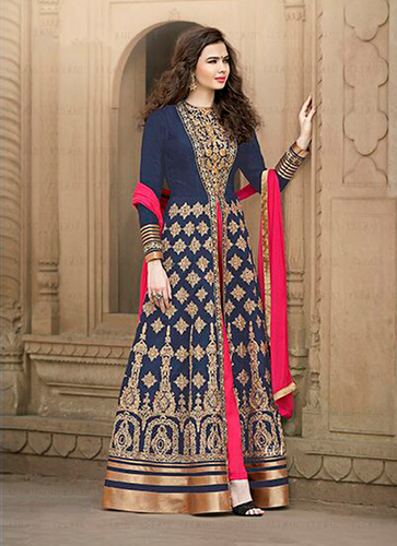 Catchy Patch Border Work Banglori Silk Navy Blue Designer Floor Length Salwar Suit