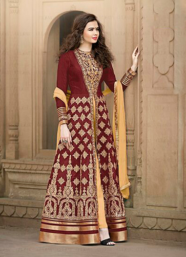 Artistic Embroidered Work Banglori Silk Designer Floor Length Salwar Suit - Maroon, Hand-Embroidered, Matching Dupatta, Elegant Design